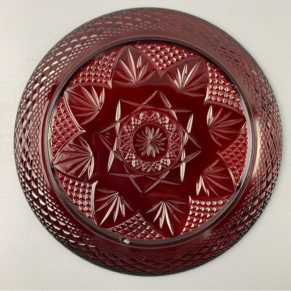 Vintage Cristal D'Arques Ruby Red Cut Glass 10 inch plate Star Pattern Set of 2 - Picture 6 of 11